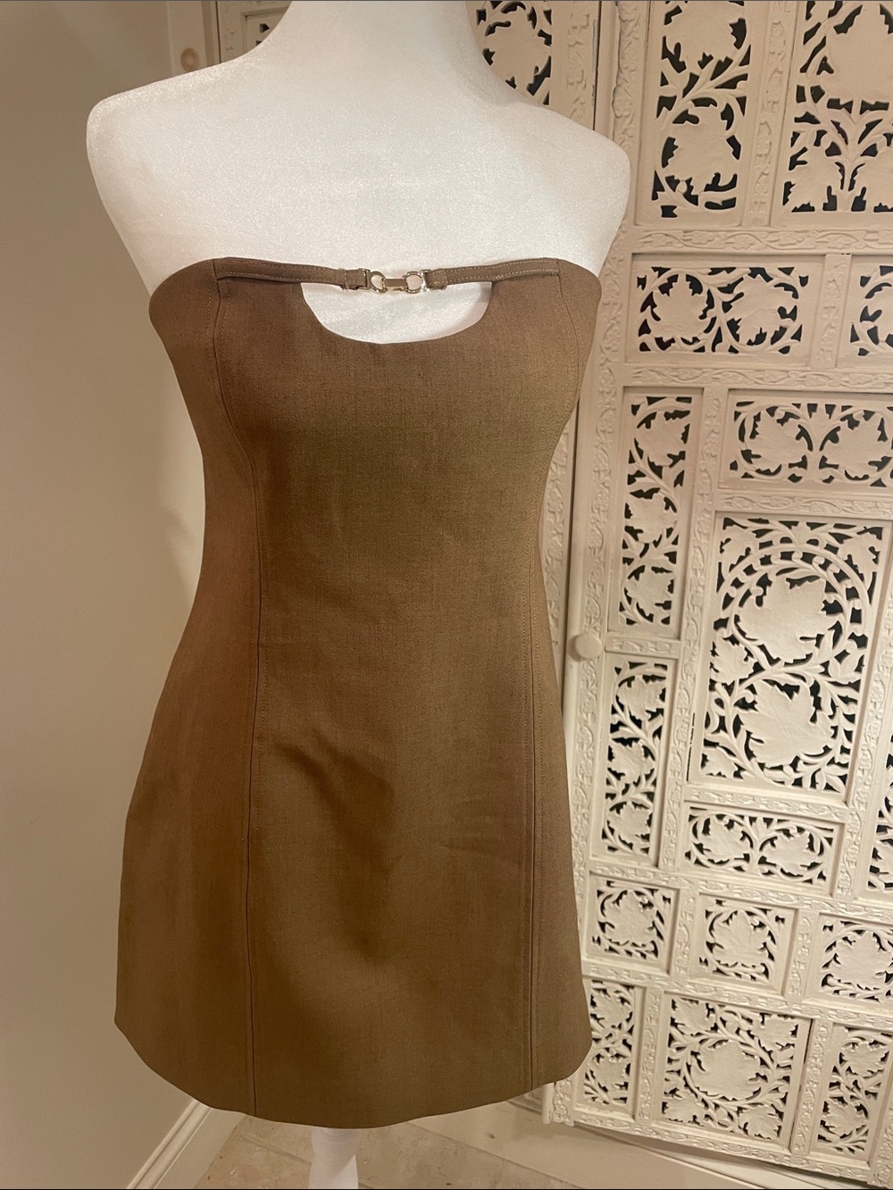 SIGNIFICANT OTHER Strapless Tan Bodycon Dress with Gold Detail